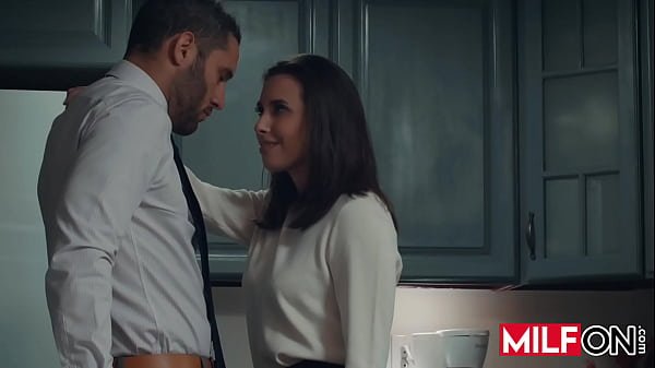 See this lovely natural big tit brunette wife cheating on her hubby in her kitchen